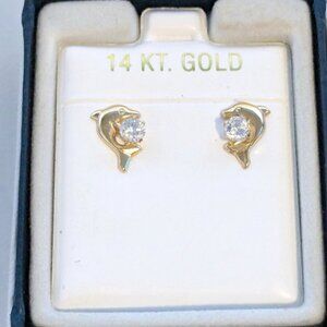 14KT GOLD Dainty Dolphin CZ Small Stud Earrings